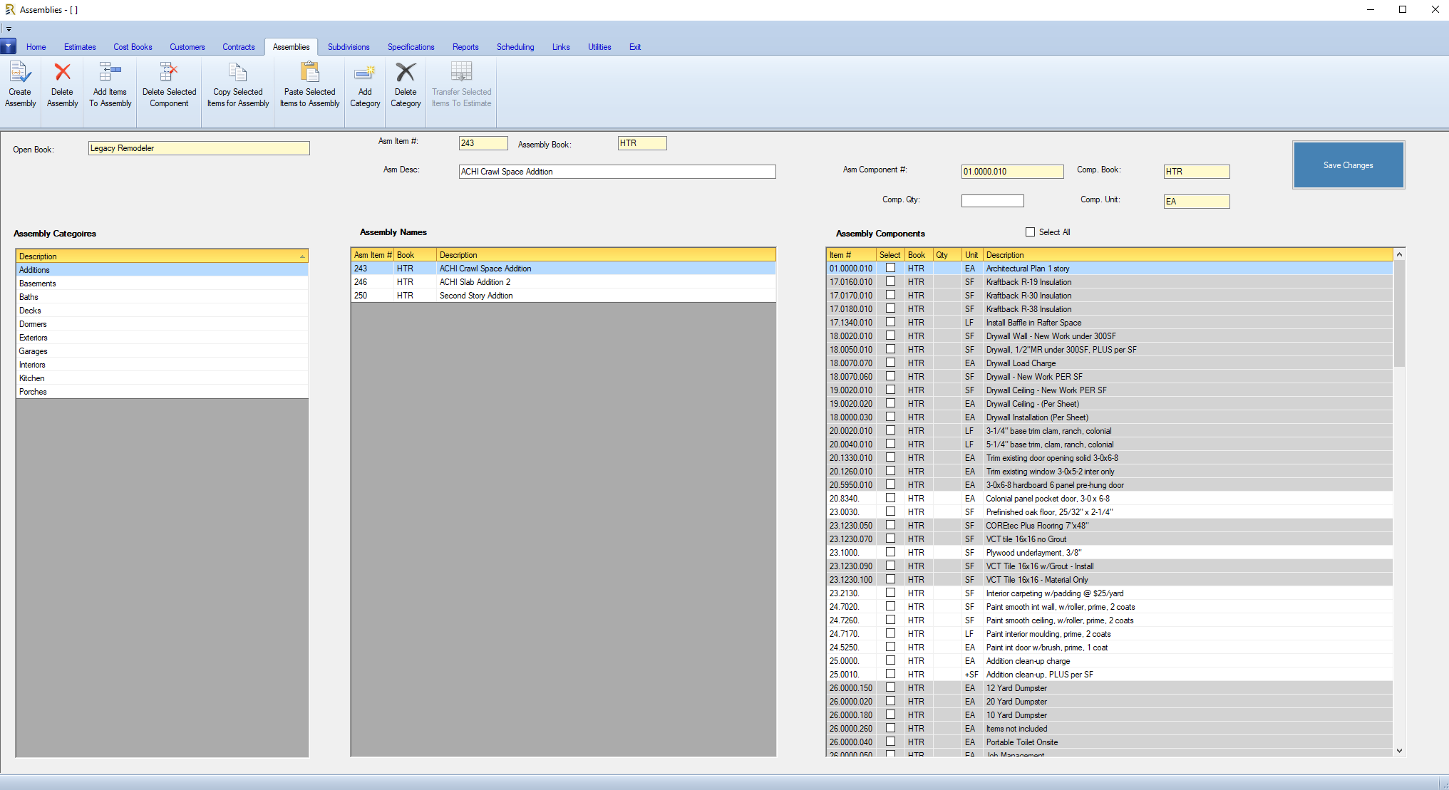 Rapid Estimator Assemblies screen showing assembly categories, assembly names list, and detailed assembly components with item numbers, books, quantities, units, and descriptions