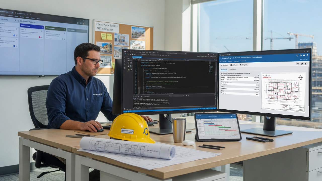 Software developer building a custom Windows desktop application for the construction industry, working on multiple monitors displaying clean .NET code and specialized estimating tools
