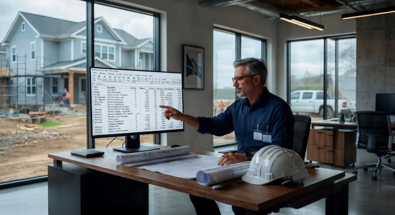 Professional construction estimator using the actual Rapid Estimator software on a modern Windows desktop in a clean office environment, with a detailed real Kitchen Remodel estimate visible on screen including line items, costs, and markups