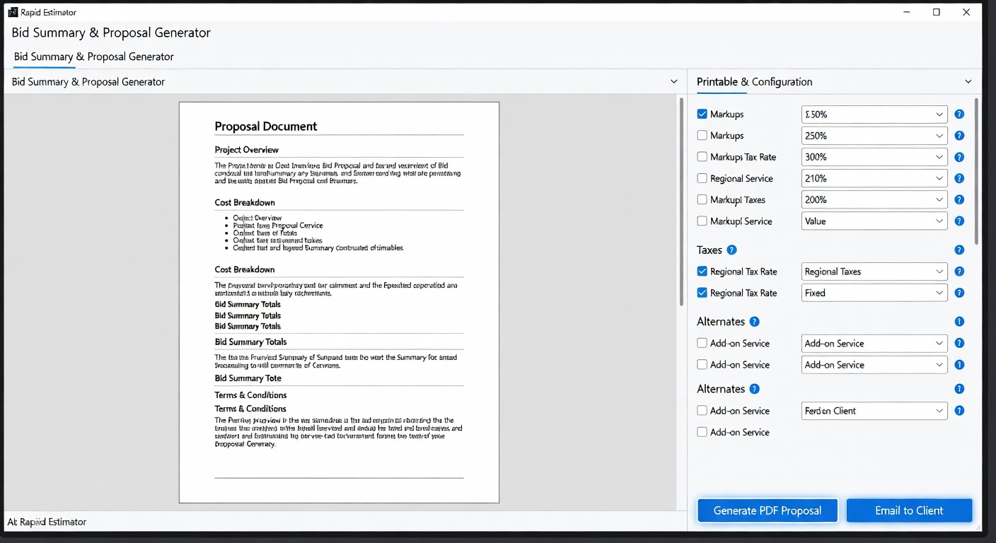Rapid Estimator professional bid summary and proposal generator screen with live preview and client-ready output controls