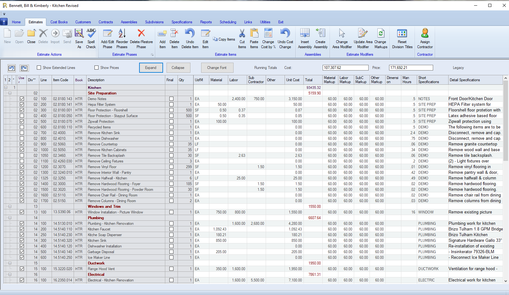 Rapid Estimator main estimating workspace showing the Bennett, Bill & Kimberly kitchen remodel with detailed construction line items, unit costs, and accurate project totals in a professional Windows desktop interface