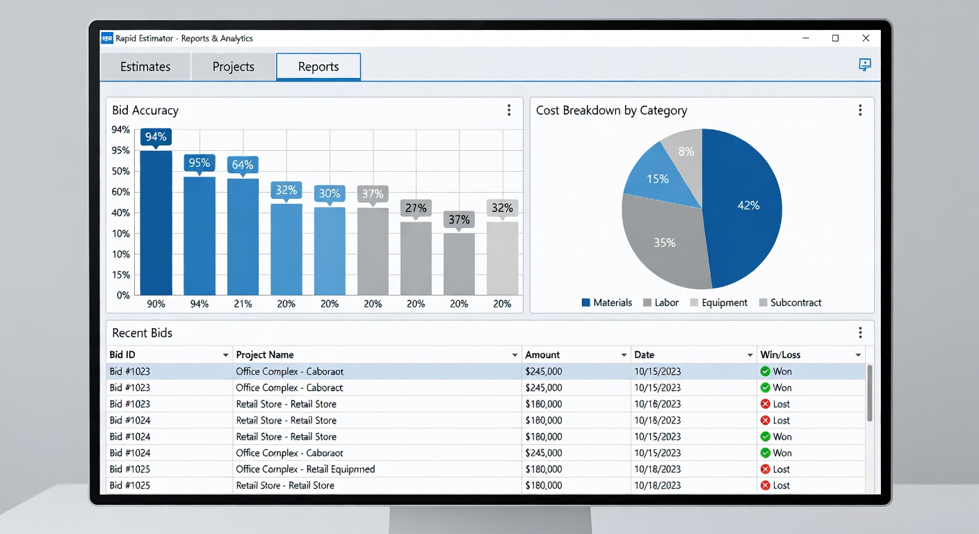 Rapid Estimator advanced reports and analytics dashboard showing bid accuracy metrics, category breakdowns, and historical performance