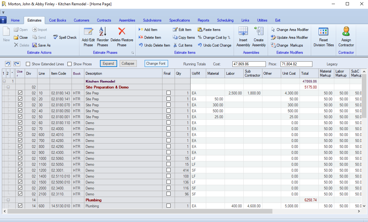 Rapid Estimator main estimating workspace showing a real Kitchen Remodel bid with detailed line items, phases, material/labor/sub costs and live running totals